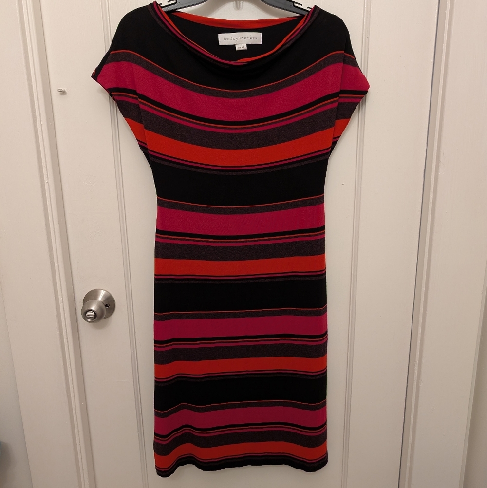 Lesley Evers Striped Jersey Dress Knee Length Stretch T-shirt Pink Sz Small S